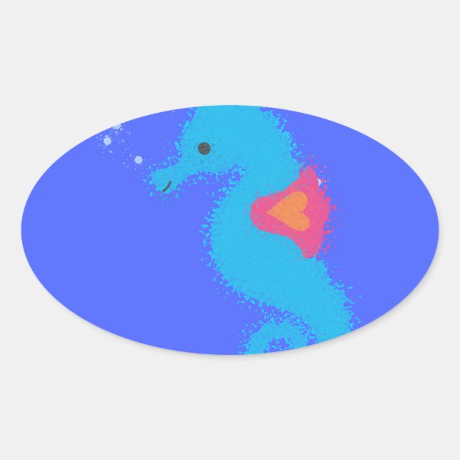 Blue Cartoon Seahorse Oval Sticker (Front)