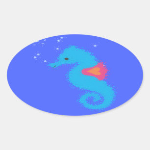 Blue Cartoon Seahorse Oval Sticker