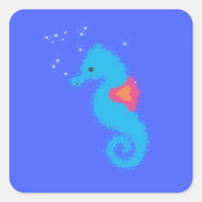 Blue Cartoon Seahorse Square Sticker (Front)