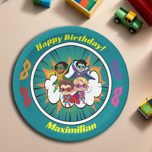 Blue Cartoon Superhero Comic Party Paper Plate