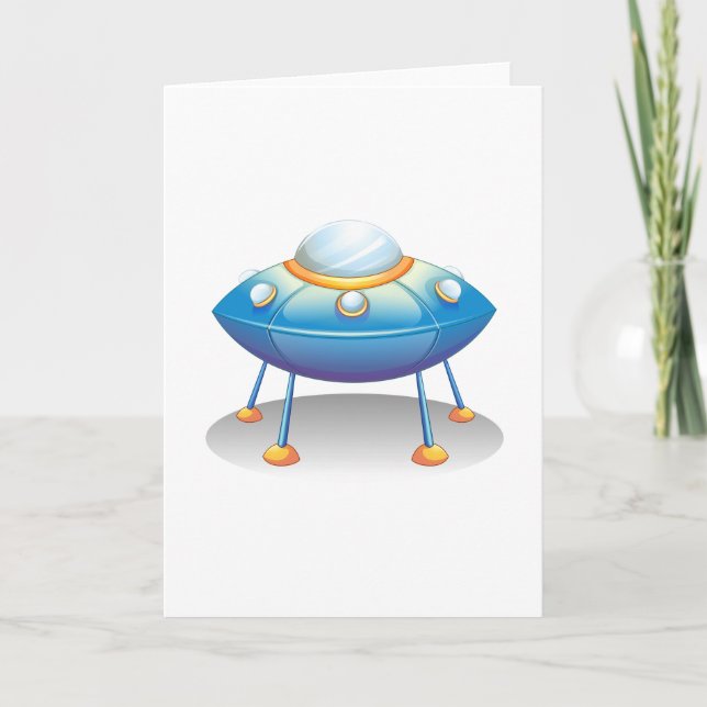 Blue Cartoon UFO Spaceship Fun Sci-Fi Card (Front)
