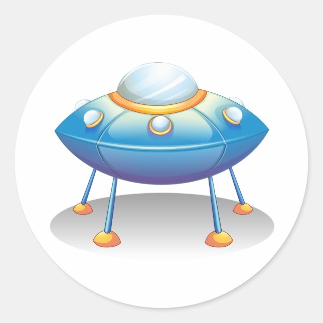 Blue Cartoon UFO Spaceship Fun Sci-Fi Classic Round Sticker (Front)