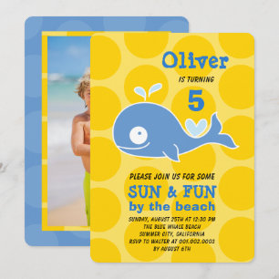 Blue Cartoon Whale Beach Party Photo Boy Birthday Invitation