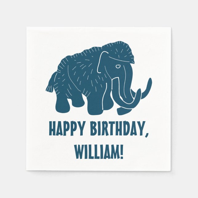 Blue Cartoon Woolly Mammoth Personalised Napkin (Front)