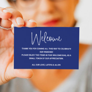 Blue Casual Script Wedding Welcome Gift Bag Basket Place Card