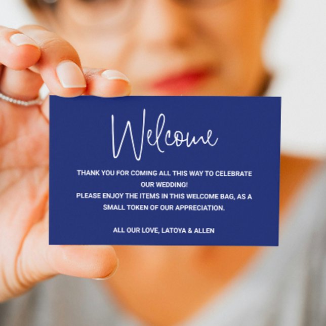 Blue Casual Script Wedding Welcome Gift Bag Basket Place Card (Creator Uploaded)