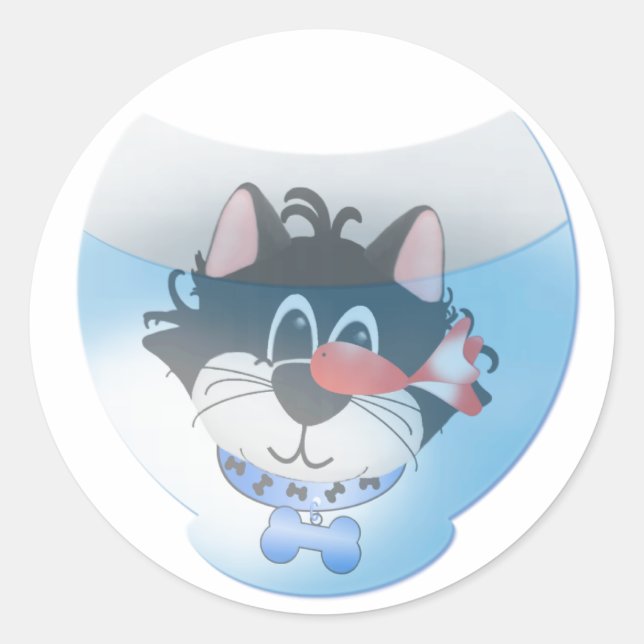 Blue Cat and Fishbowl Classic Round Sticker (Front)