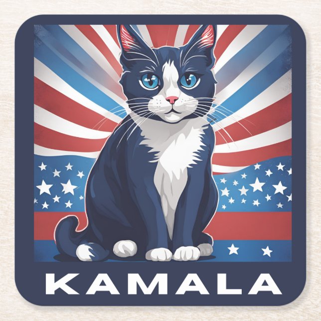 Blue Cat for Kamala 2024 US Election Democrat Square Paper Coaster (Front)