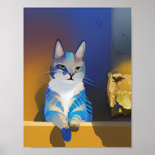 Blue cat golden sunshine illustration poster