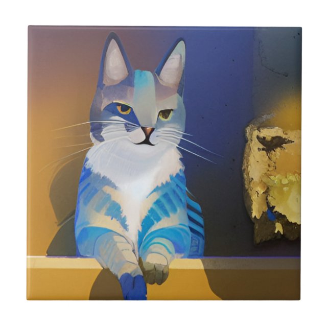 Blue cat golden sunshine illustration  tile (Front)