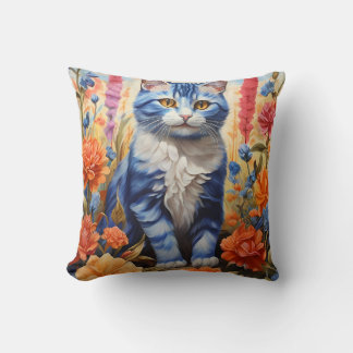Blue Cat in a flower garden Cushion