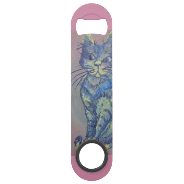 blue cat on pink bottle opener (Back)