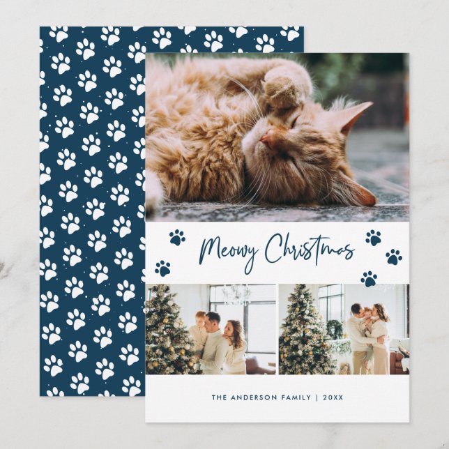 Blue Cat Owner Photo Meowy Christmas Card (Front/Back)