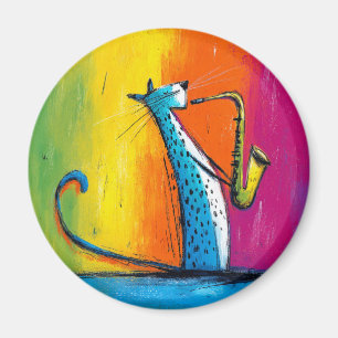 Blue Cat Playing a Saxophone Magnet