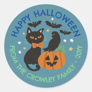 Blue Cat Pumpkin Raven Happy Halloween Classic Round Sticker