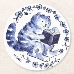 Blue Cat Reading Paper Coaster