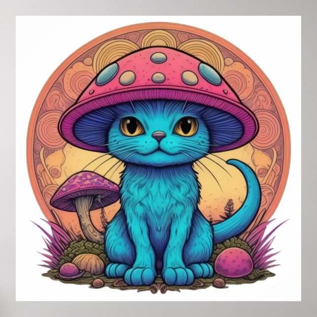 Blue Cat Under Mushroom Hat Poster (Front)