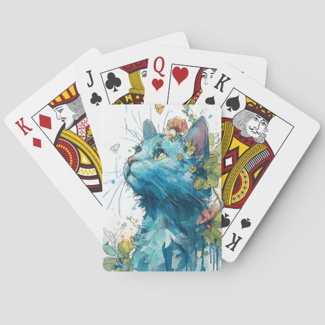 Blue Cat with Flowers Playing Cards (Back)
