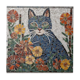 Blue Cat with Flowers Tiled Mosaic  Tile