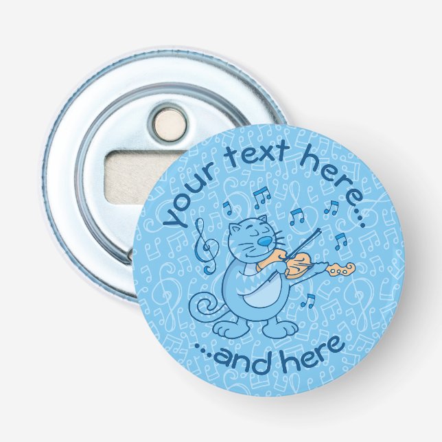 Blue Cat with Violin Button Bottle Opener (Front)