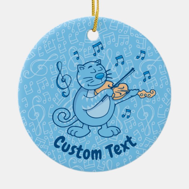 Blue Cat with Violin Ceramic Ornament (Front)