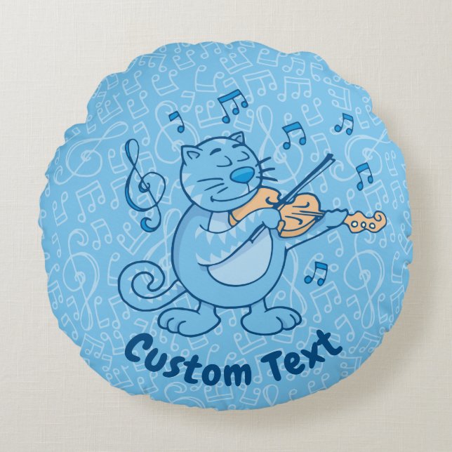 Blue Cat with Violin Round Pillow (Front)