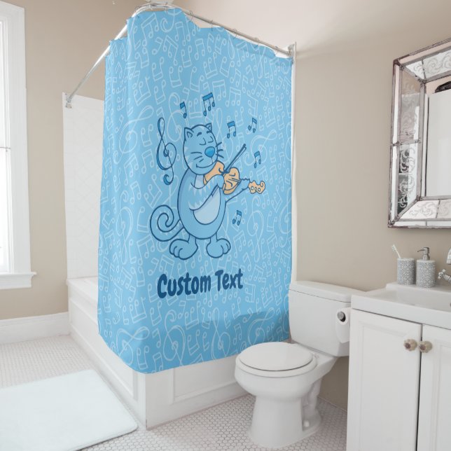Blue Cat with Violin Shower Curtain (In Situ)