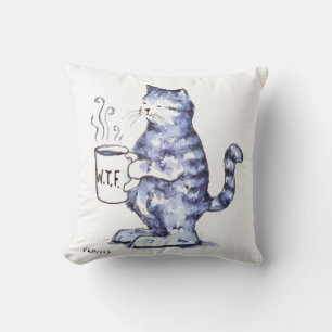 Blue cat with WTF cup Cushion