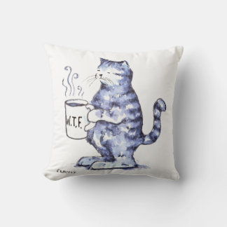 Blue cat with WTF cup Cushion