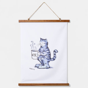 Blue cat with WTF mug Hanging Tapestry
