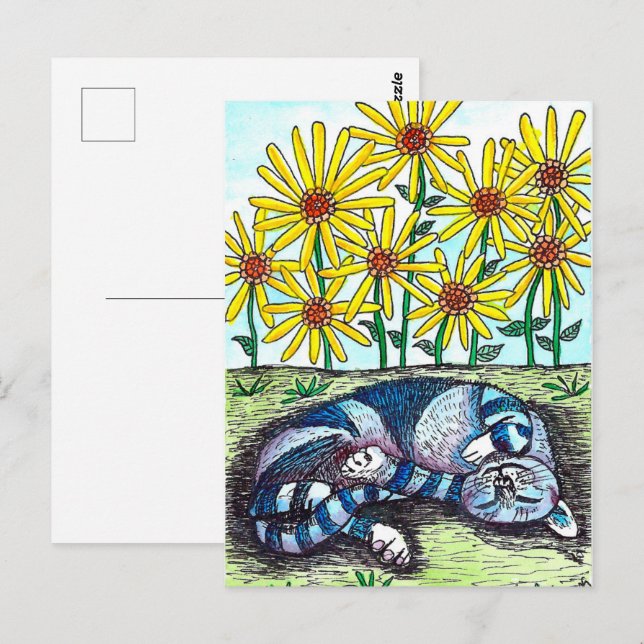 Blue Cat & Yellow Flowers Postcard (Front/Back)