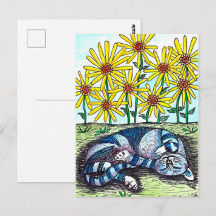 Blue Cat & Yellow Flowers Postcard
