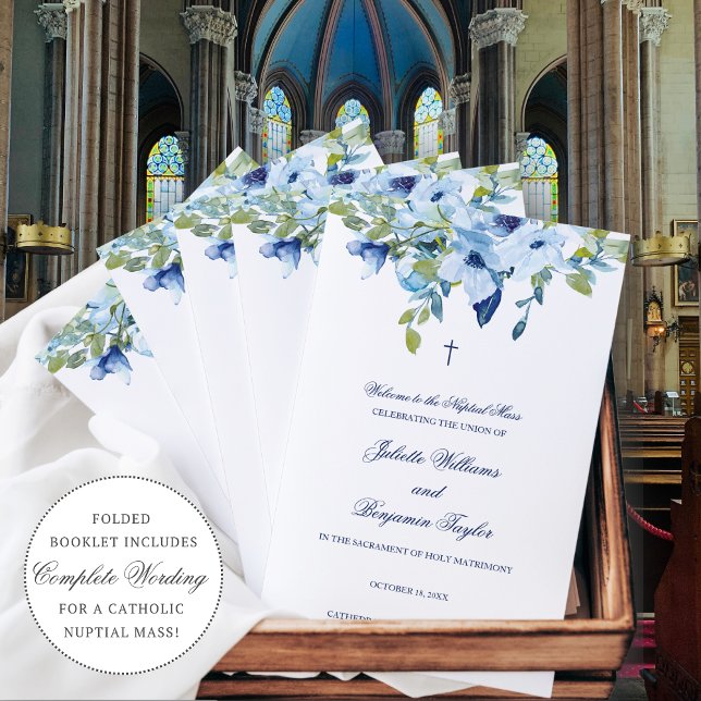 Blue Catholic Wedding Ceremony Program with Mass (Juliette, elegant, folded Catholic Wedding Program with Full Mass in dusty blue and navy blue. )