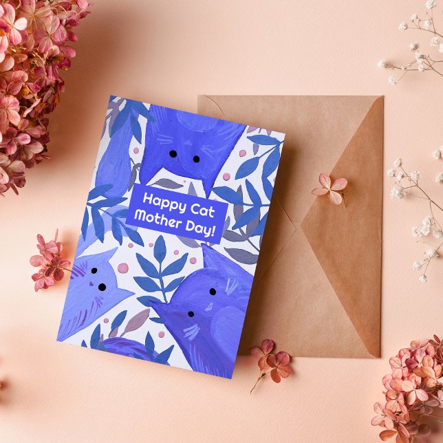 Blue Cats and branches Happy cat mother's day Holi Holiday Card (Creator Uploaded)