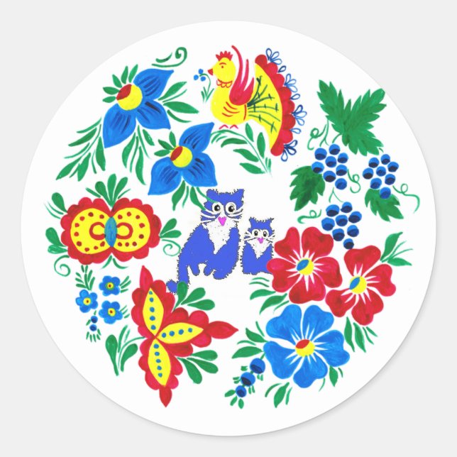 Blue Cats, Folk Art   Classic Round Sticker (Front)