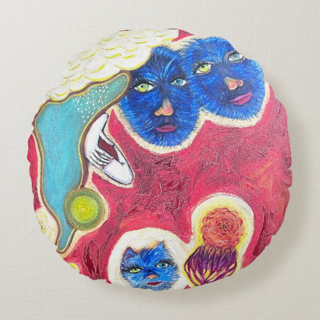 blue cats round cushion (Front)