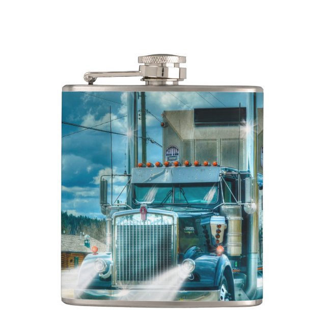 Blue Cattle Truck & Highway for Truck-lovers Hip Flask (Front)