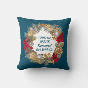 Blue CELEBRATE JESUS Christmas Wreath Cushion
