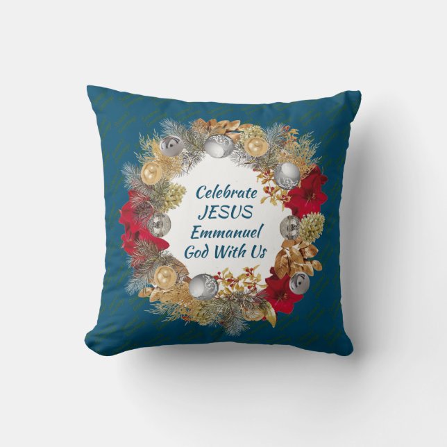 Blue CELEBRATE JESUS Christmas Wreath Cushion (Front)