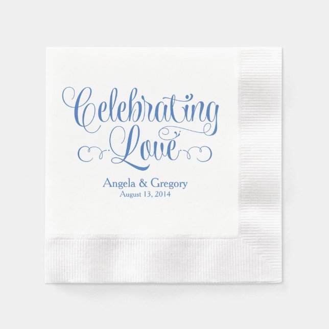 Blue Celebrating Love Personalised Wedding Napkin (Front)