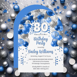 Blue Celebration Balloons 80th Birthday Party Invitation