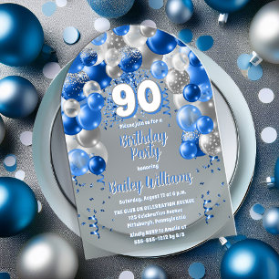 Blue Celebration Balloons 90th Birthday Party Acrylic Invitations