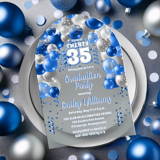 Blue Celebration Balloons Graduation Party Acrylic Invitations (Blue and Silver Balloons Class Year Graduation Party Acrylic Invitations)
