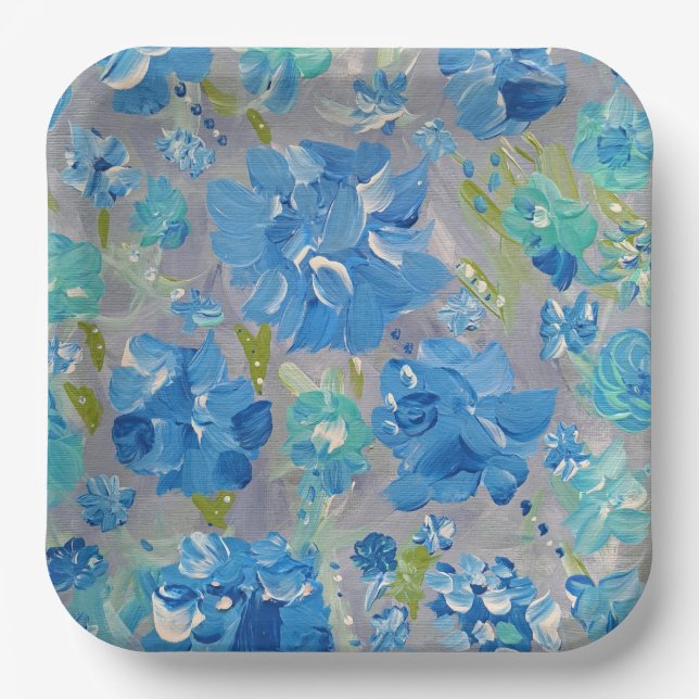 Blue Celebration Floral, 9" Square Paper Plate (Front)