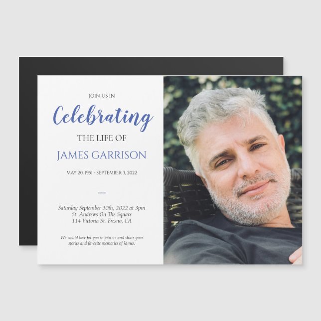 Blue Celebration of Life Funeral with Photo Magnetic Invitation (Front/Back)