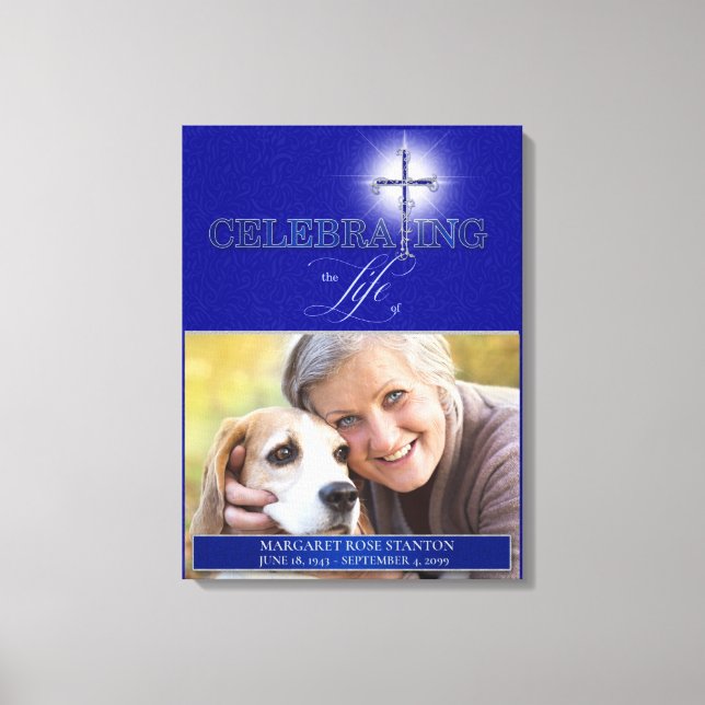 Blue Celebration of Life Religious Cross Photo Canvas Print (Front)