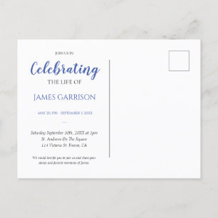 Blue Celebration of Life With Photo Funeral Invite Postcard