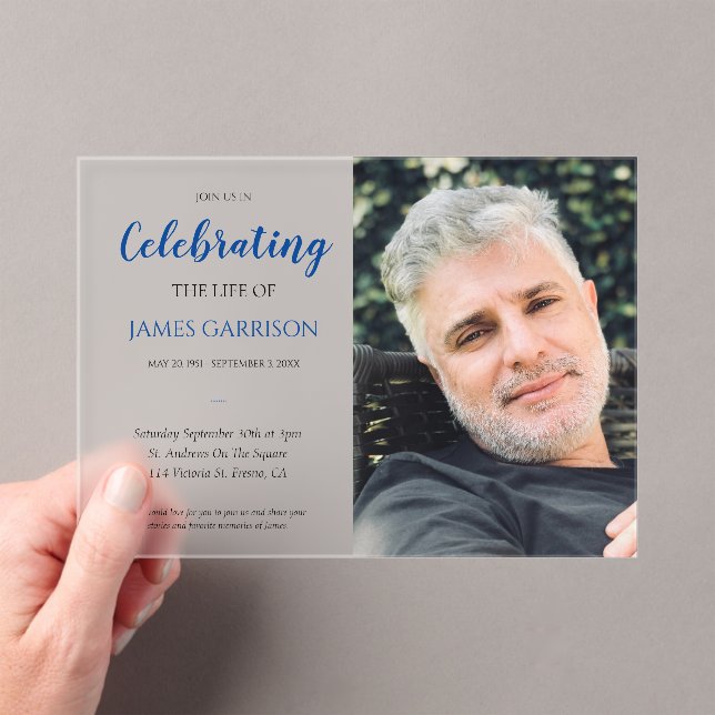 Blue Celebration of Life With Photo Memorial Acrylic Invitations (Insitu (Handheld))