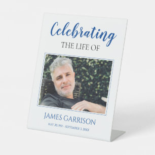 Blue Celebration Of Life with Photo Memorial Pedestal Sign