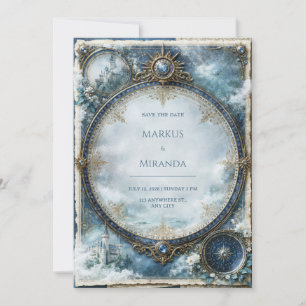 Blue Celestial Castle Wedding Invitation